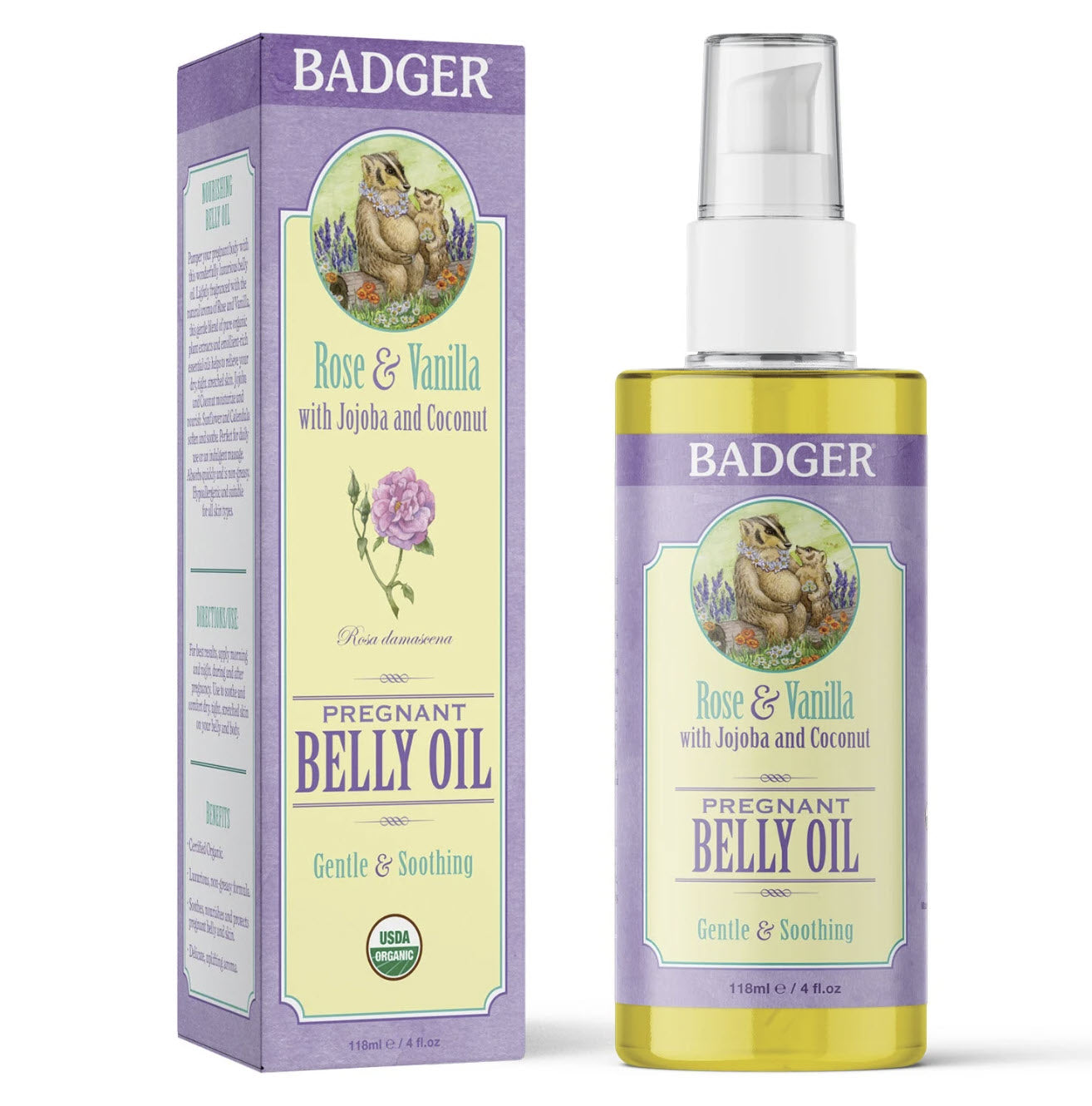 Badger Pregnant Belly Oil, Rose & Vanilla, 4 fl oz