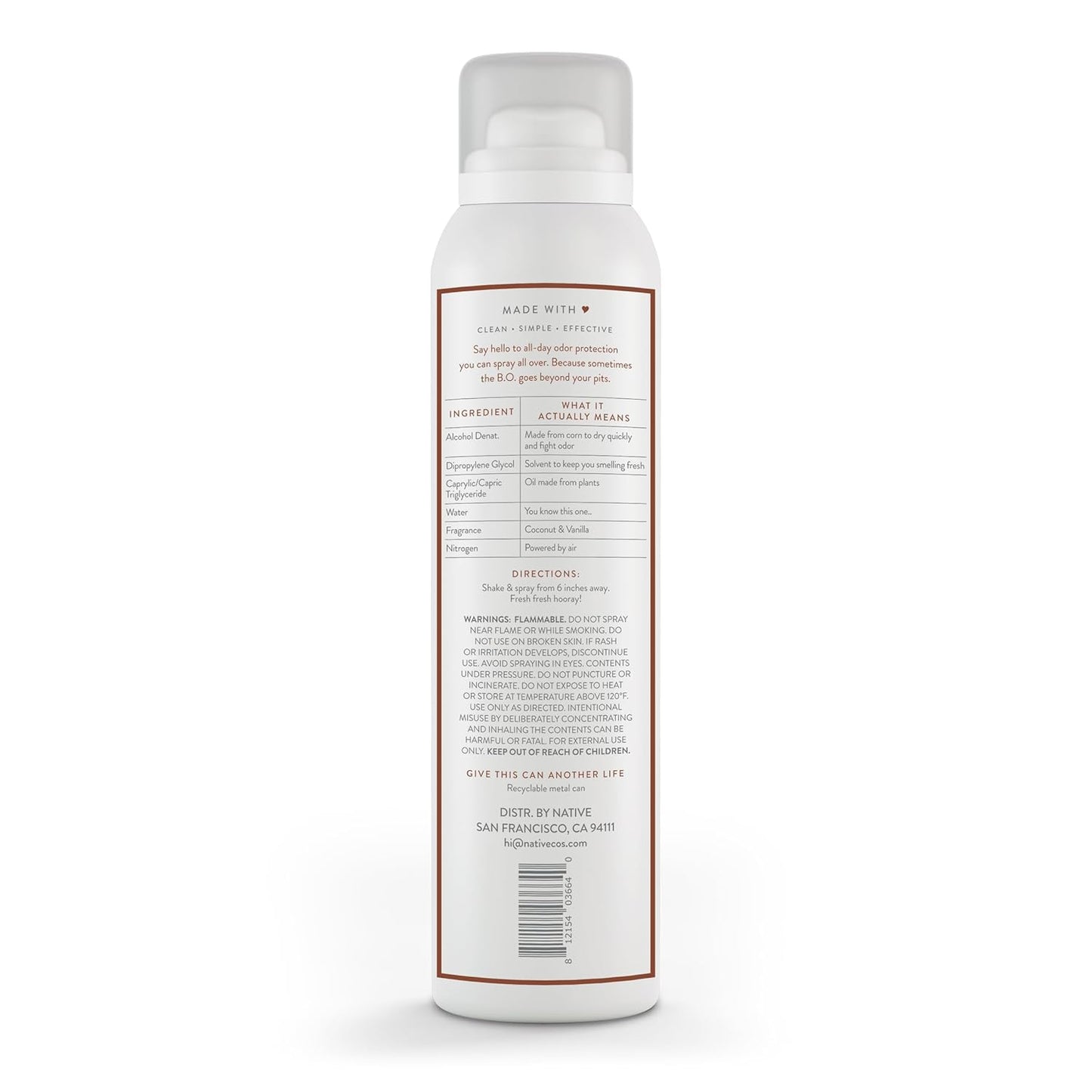 Native Deodorant & Body Spray, Aluminum Free, Coconut & Vanilla, for Women and Men, 3.5 oz