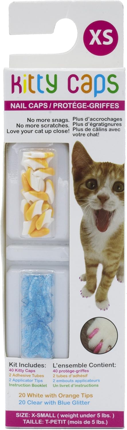 Kitty Caps Nail Caps for Cats | Safe, Stylish & Humane Alternative to Declawing | Stops Snags and Scratches, X-Small (Under 5 lbs), White with Orange & Clear with Blue Glitter, 40 Count (Pack of 3)